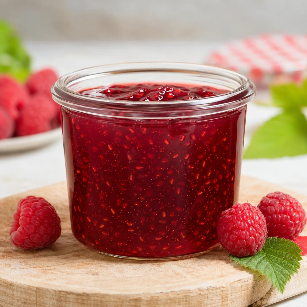 35 ml WECK RR40-glas med skrå kant WECK RR40 35 ml murerbalje fyldt med rød marmelade omgivet af friske hindbær på en træplade