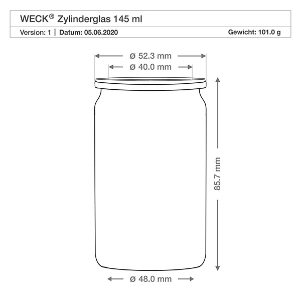 145 ml cylinderglas WECK RR40 WECK cylindrisk krukke 145ml RR40 teknisk tegning med dimensioner diameter 48mm højde 85,7mm vægt 101g