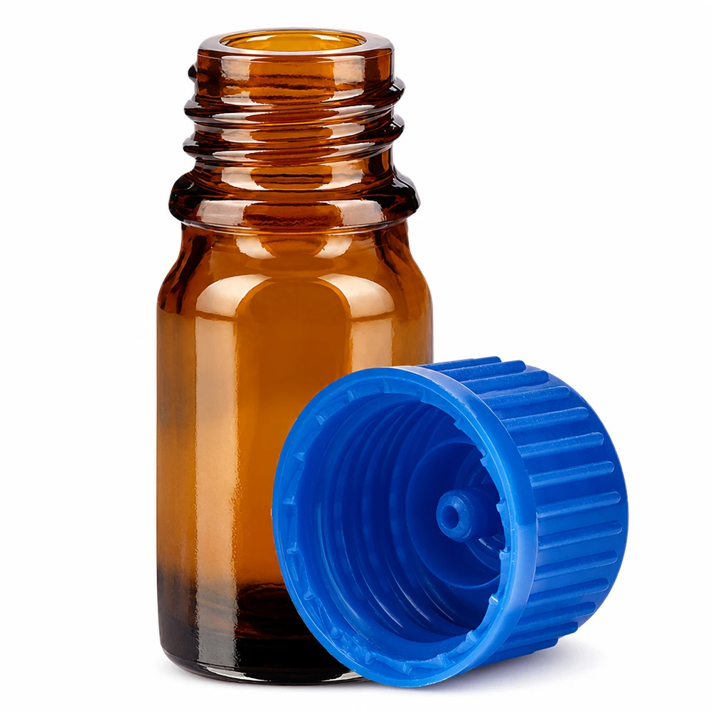 5ml flaske 11mm SV blå STD BrownLine UT18/5 5 ml ravfarvet glasflaske UT18/5 med 11 mm gevind og blå hætte til præcis dosering