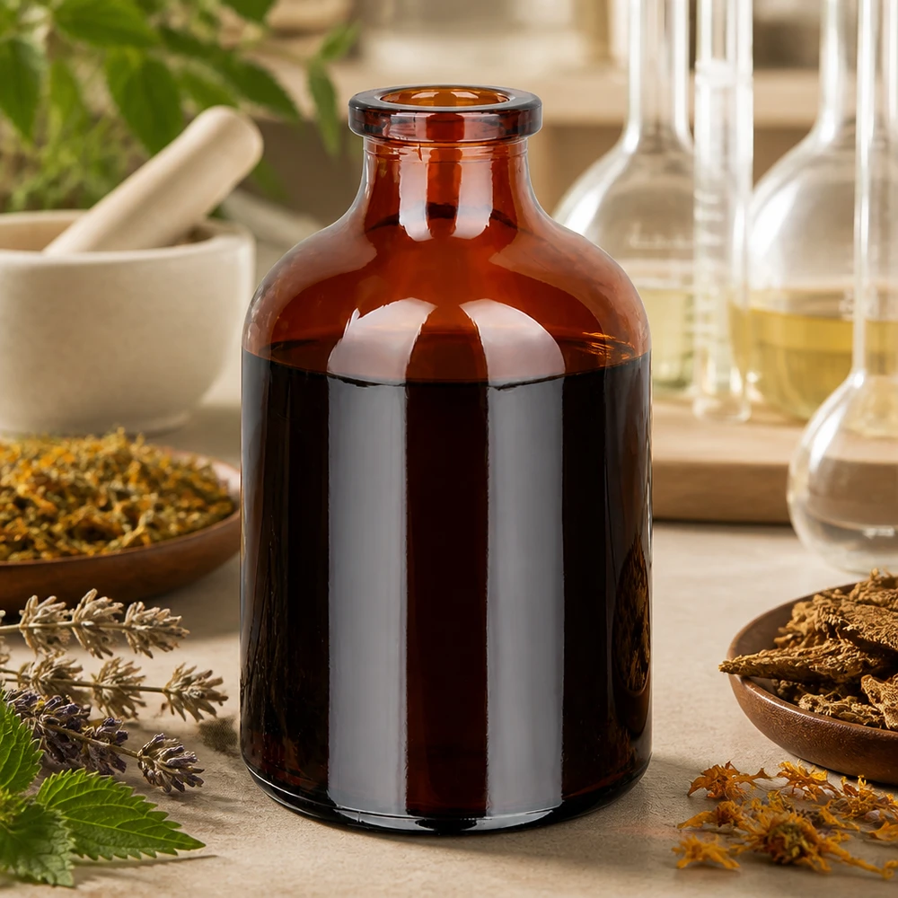 Injektionsflaske af ravfarvet glas 50 ml Braunglas Injektionsflasche 50ml für pflanzliche Extrakte mit Kräutern und Laborgeräten im Hintergrund