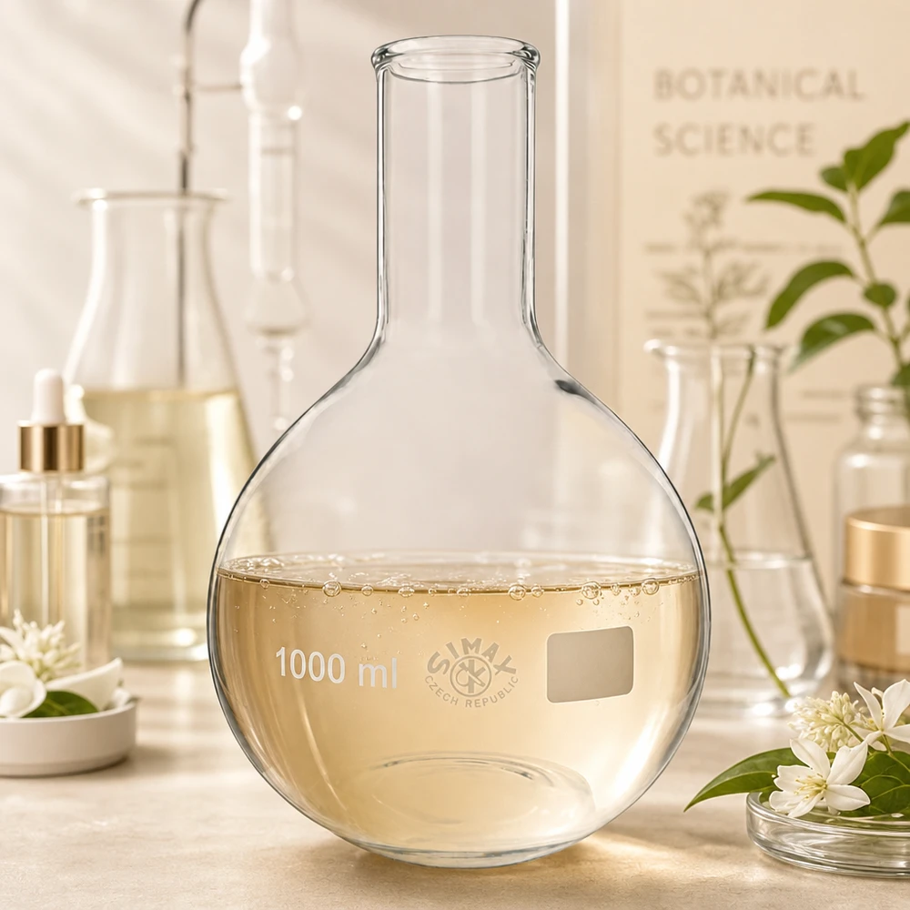 Stående kolbe 1000 ml med smal hals Laboratoriekolbe 1000 ml med smal hals og gylden opløsning til kemiske eksperimenter og analyser