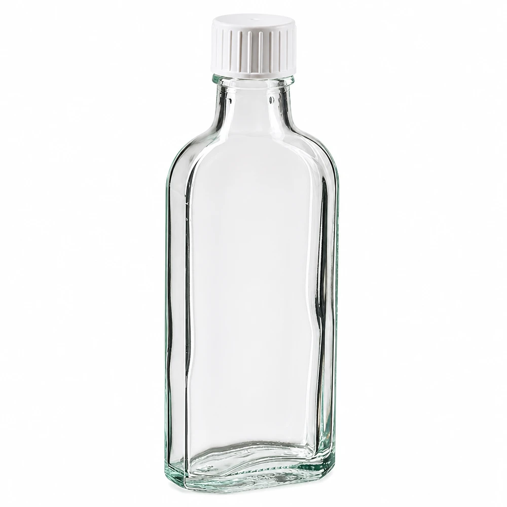 100 ml Meplat klar skruelåg med hældering 100 ml Meplat-flaske, gennemsigtig, med hvid skruelåg og hældering af glas