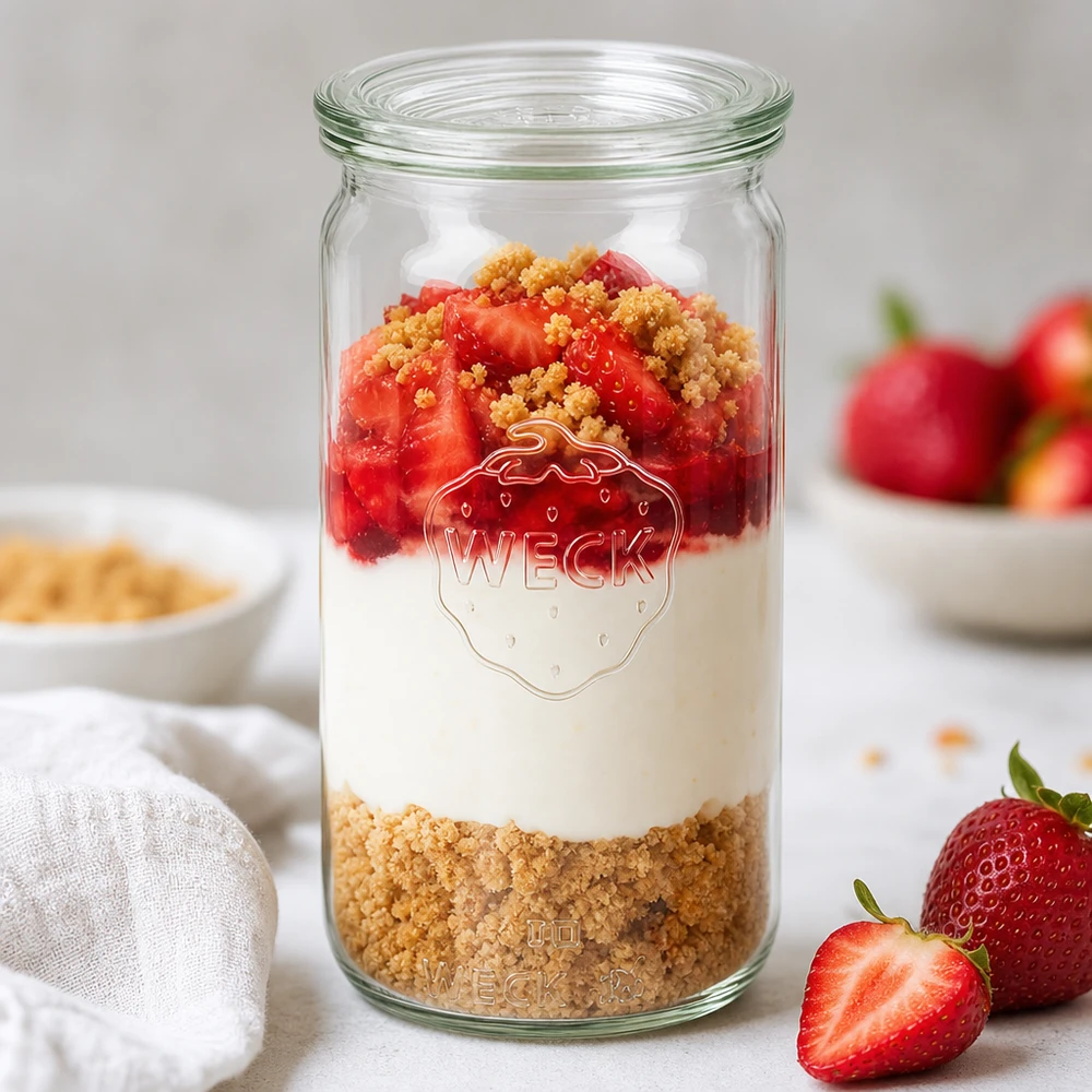 340 ml cylinderglas med glaslåg WECK RR60 WECK 340 ml cylinderglas RR60 med jordbærdessertlag, kiksebund, creme og frugt som parfait-inspiration