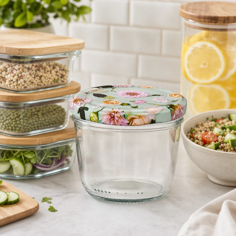 230 ml væltet glas + BasicSeal låg Blume mint UNiTWIST 230 ml glas med BasicSeal-låg blomstermynte i stilfuldt køkken med skåle til madlavning og opbevaringsglas