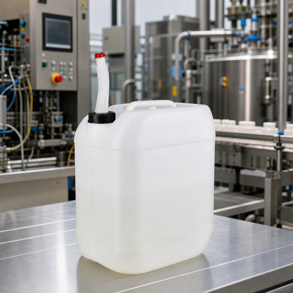 20 liters beholder med Flex-udløbsrør Fødevaregodkendt 20-liters dunk med fleksibel hældetud på et bord af rustfrit stål i et industrianlæg