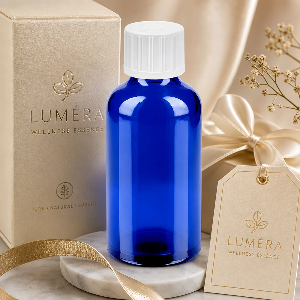 50 ml flaske 11 mm SV m. STD KiSi BlueLine UT18/50 50 ml rund skulderflaske i lys koboltblå med hvid hætte til wellness-essenser