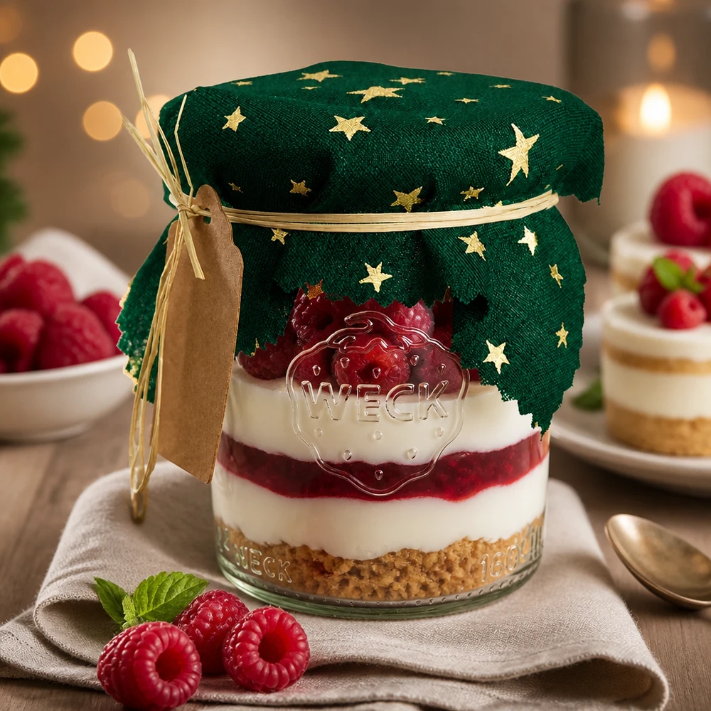 Stofdækkeserviet stjerner grøn 120x120mm firkantet Festlig dessert i en krukke med grøn stjerneformet dekorativ dækkeserviet 12 cm firkantet, hindbær og fløde som en gaveidé