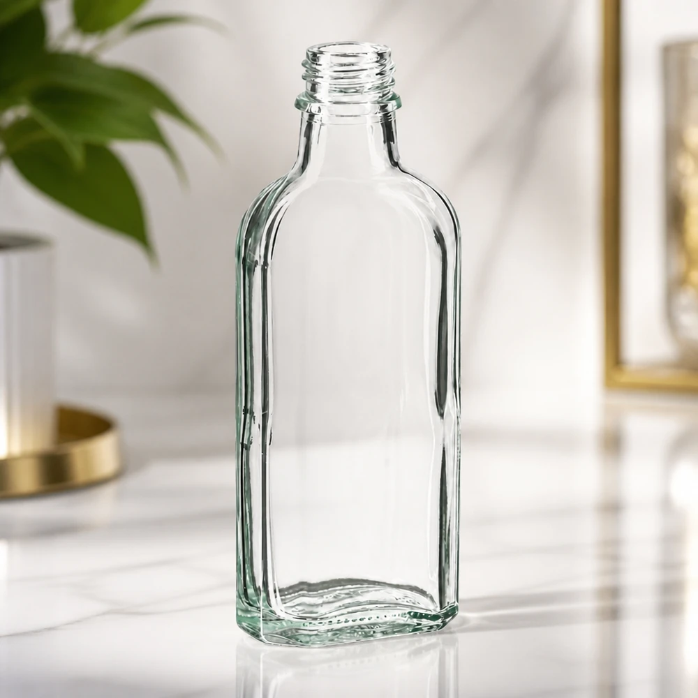 Tom, gennemsigtig 100 ml Meplat-flaske med DIN22-gevind på marmoroverflade