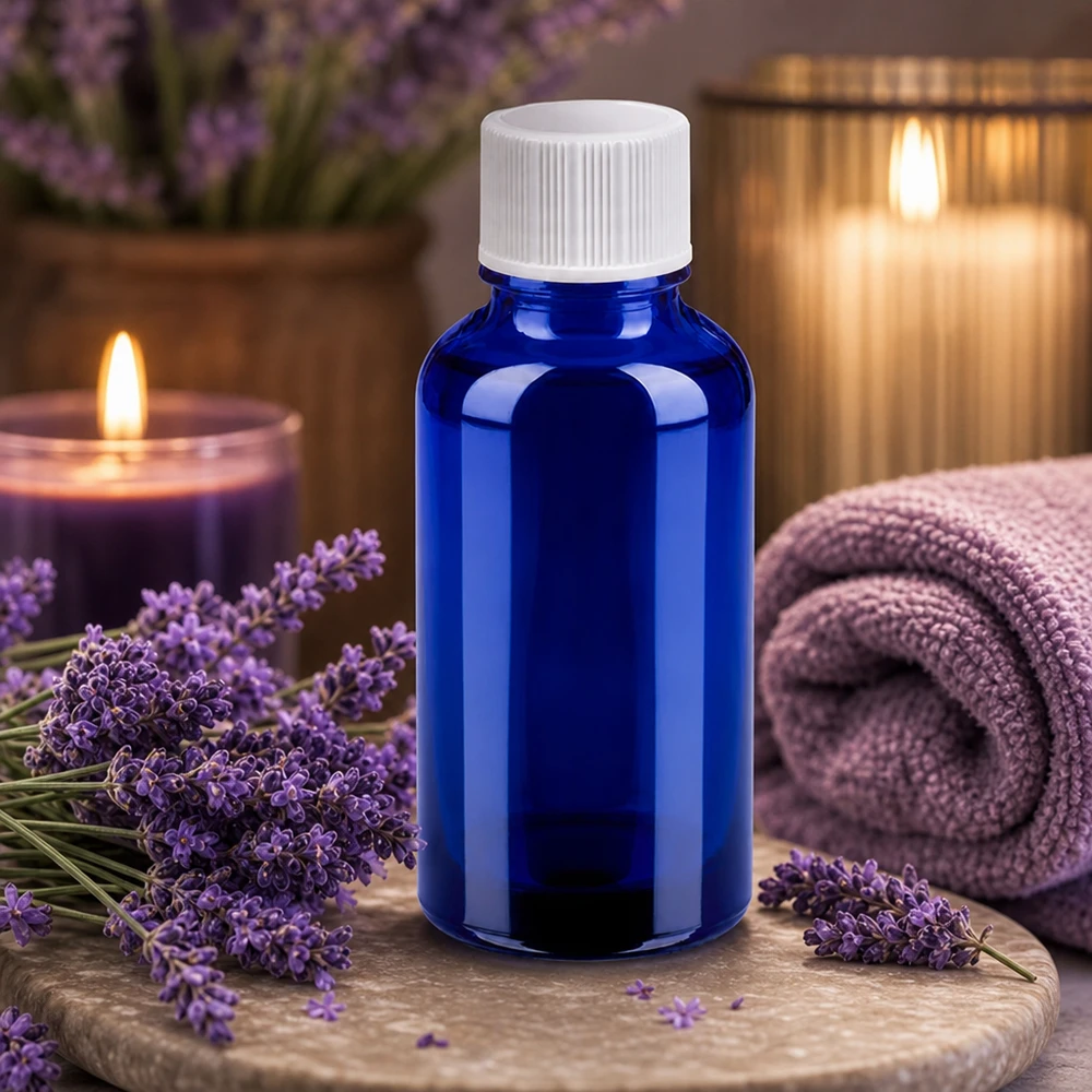 30 ml flaske 11 mm SV hvid STD BlueLine UT18/30 30 ml glasflaske i koboltblå med børnesikret hætte til aromaterapi og wellness