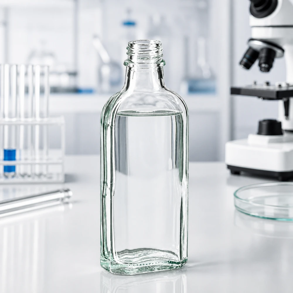 Rektangulær, klar 100 ml glasflaske med skruelåg DIN22 til laboratoriebrug