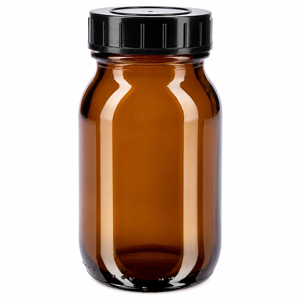 100 ml flaske med bred hals i ravfarvet glas med skruelåg 100 ml flaske med bred hals lavet af ravfarvet glas med sort skruelåg til sikker opbevaring