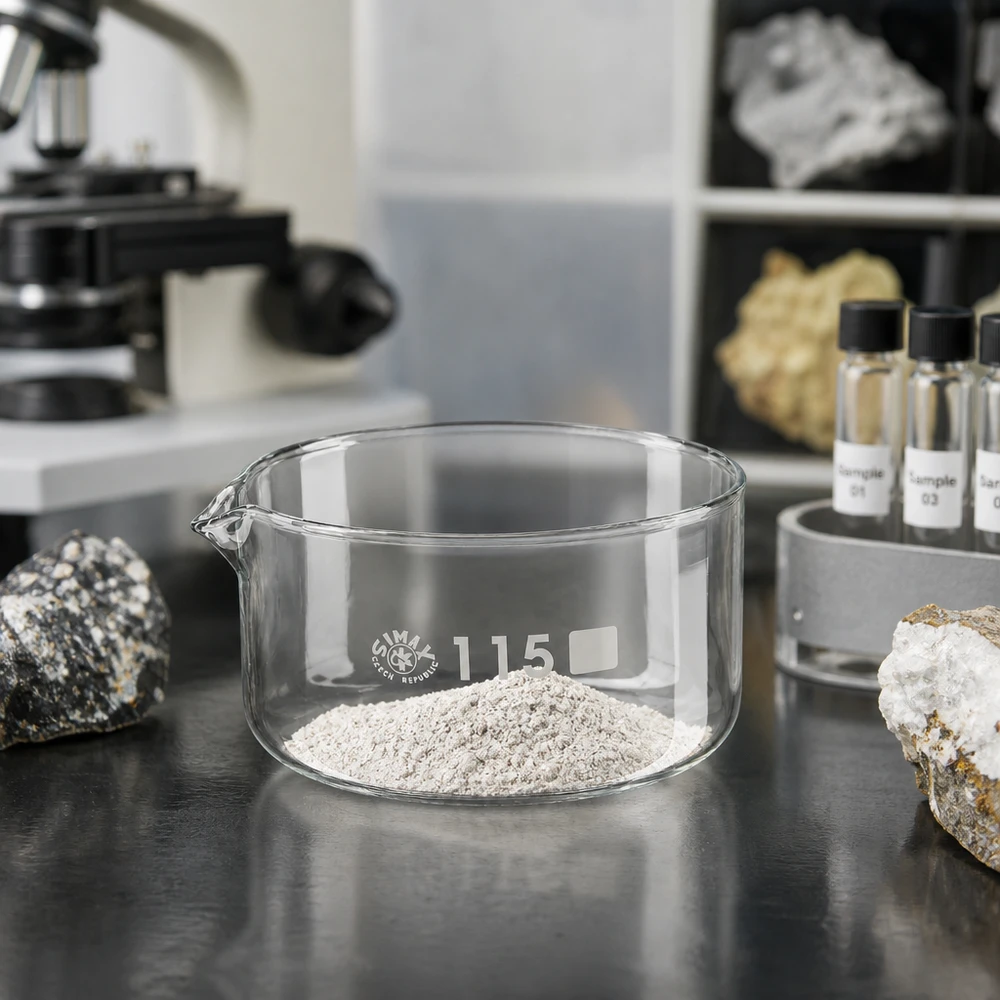 Krystalliseringsskål 500 ml med borosilikat-tud Krystalliseringsskål 500 ml med formalet stenmel til mineralogisk laboratorium, SIMAX borosilikatglas