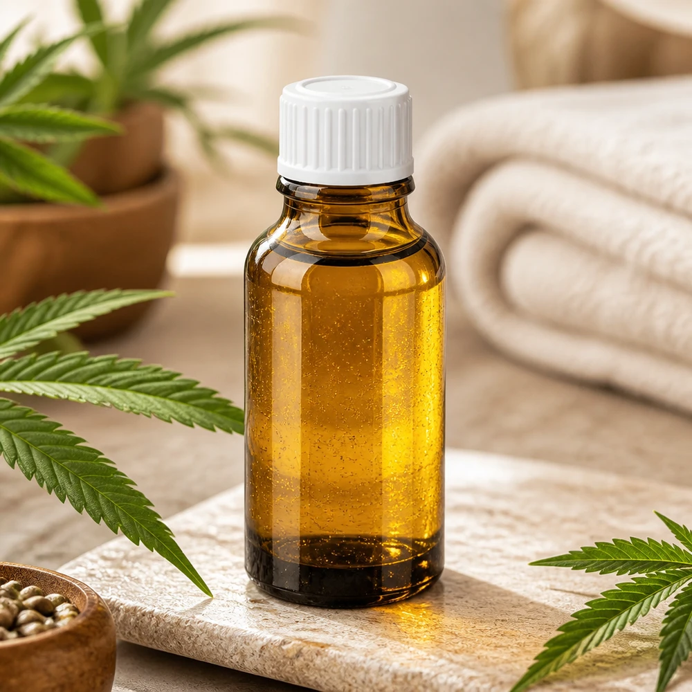 20 ml solbeskyttelsesflaske af brunt glas med hvid doseringsprop til CBD-olier