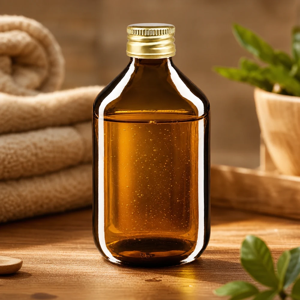 300 ml medicinflaske brun, med hætte i guldaluminium ApoGlas. Farmaceutisk kvalitet fra EU-produktion. 28 mm (PP28) gevind. (sirup, let glasflaske) Ravfarvet glasflaske 300 ml med skruelåg i guldaluminium til medicinsk brug