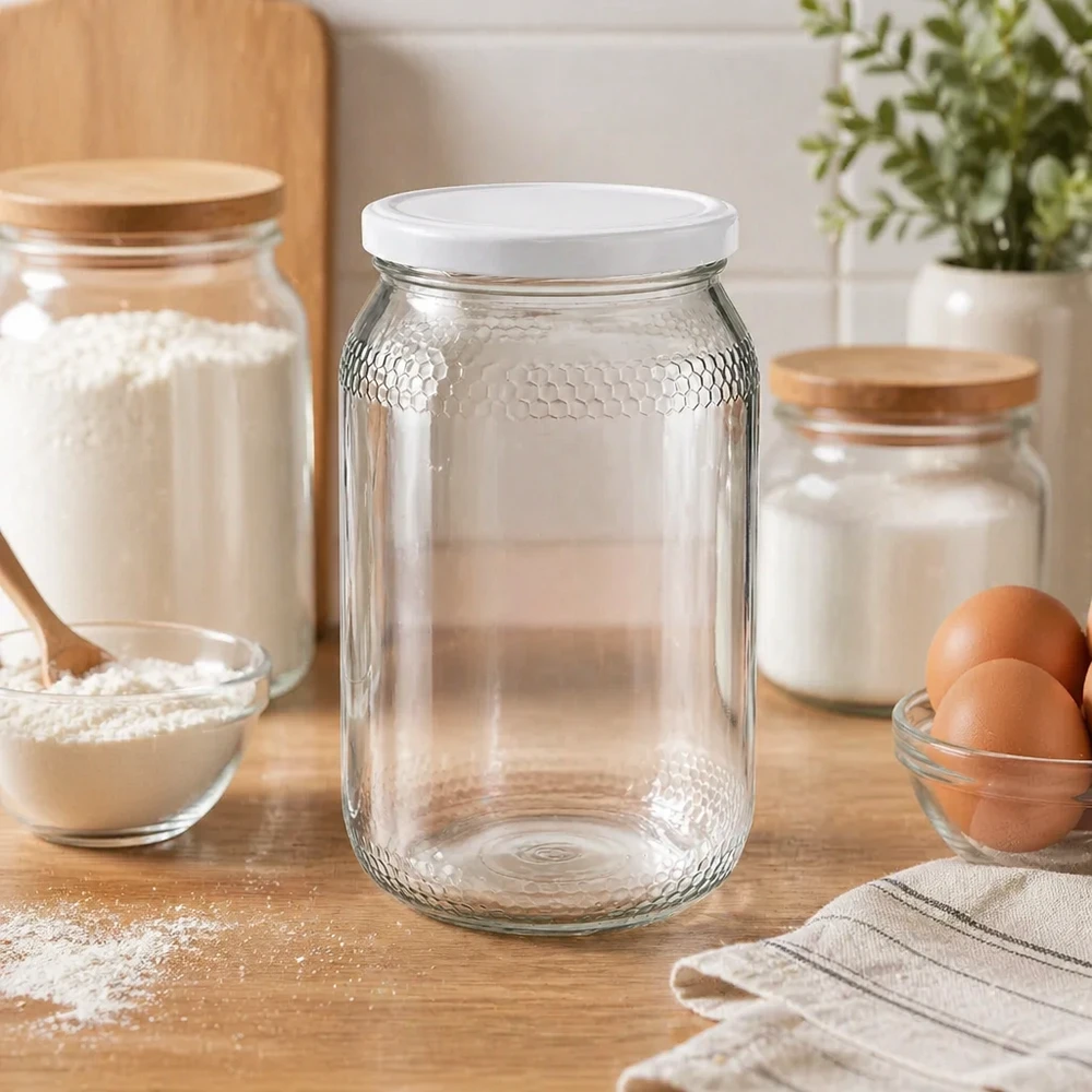 1260 g honningglas med hvidt BasicSeal UNiTWIST-låg Honningkrukke 900 ml tom i køkkenmiljø med bageingredienser mel æg viser praktisk opbevaring BasicSeal-låg