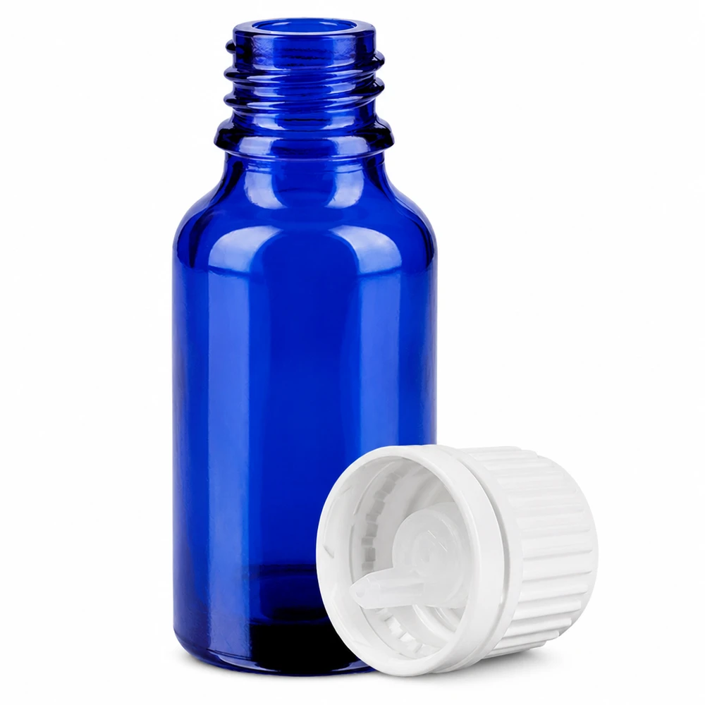 Blå glasflaske 20 ml med 0,7 mm dråbehætte til farmaceutiske anvendelser