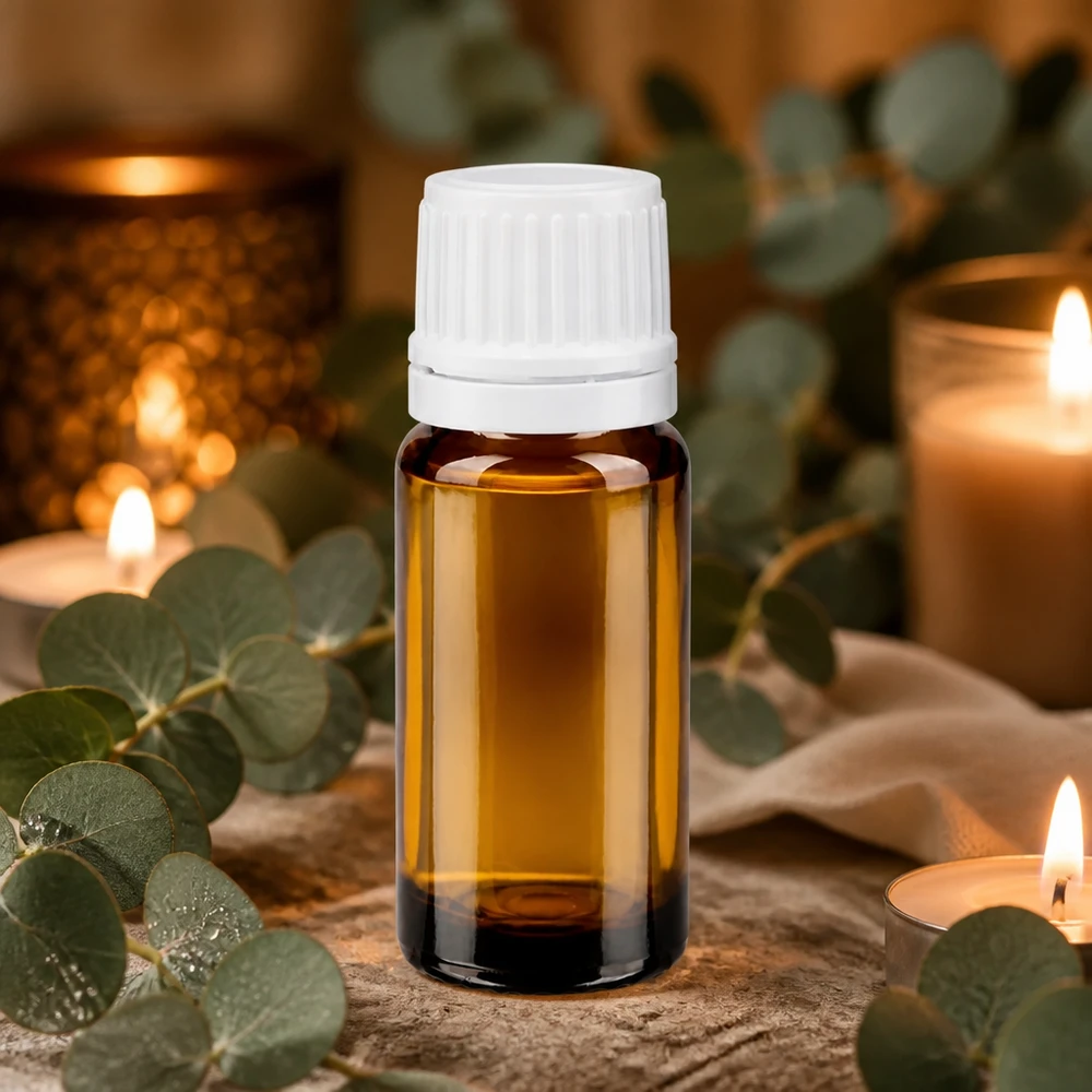 Lille brun glasflaske på 10 ml med hvid originalprop til æteriske olier og aromaterapi