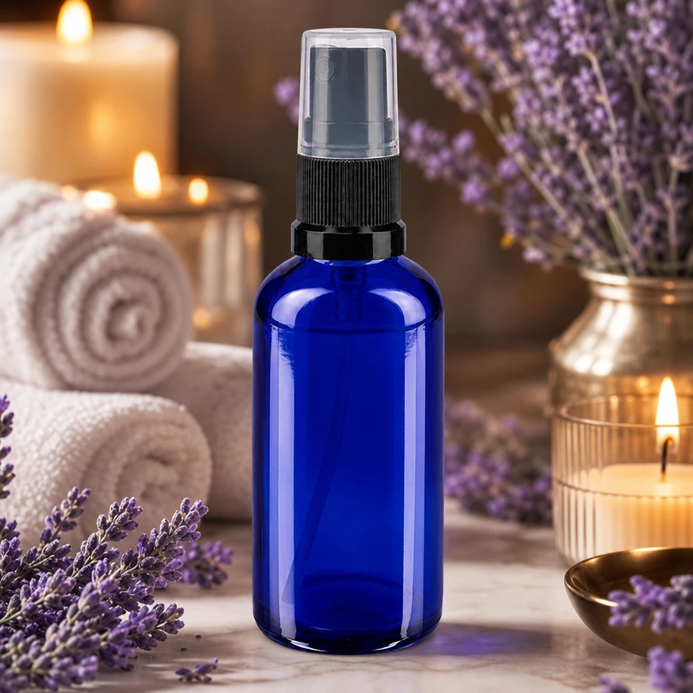 Apotekerflaske blå 50 ml spraytilbehør sort Blå 50 ml apotekerglas-sprayflaske med sort pumpesprøjte til æteriske olier