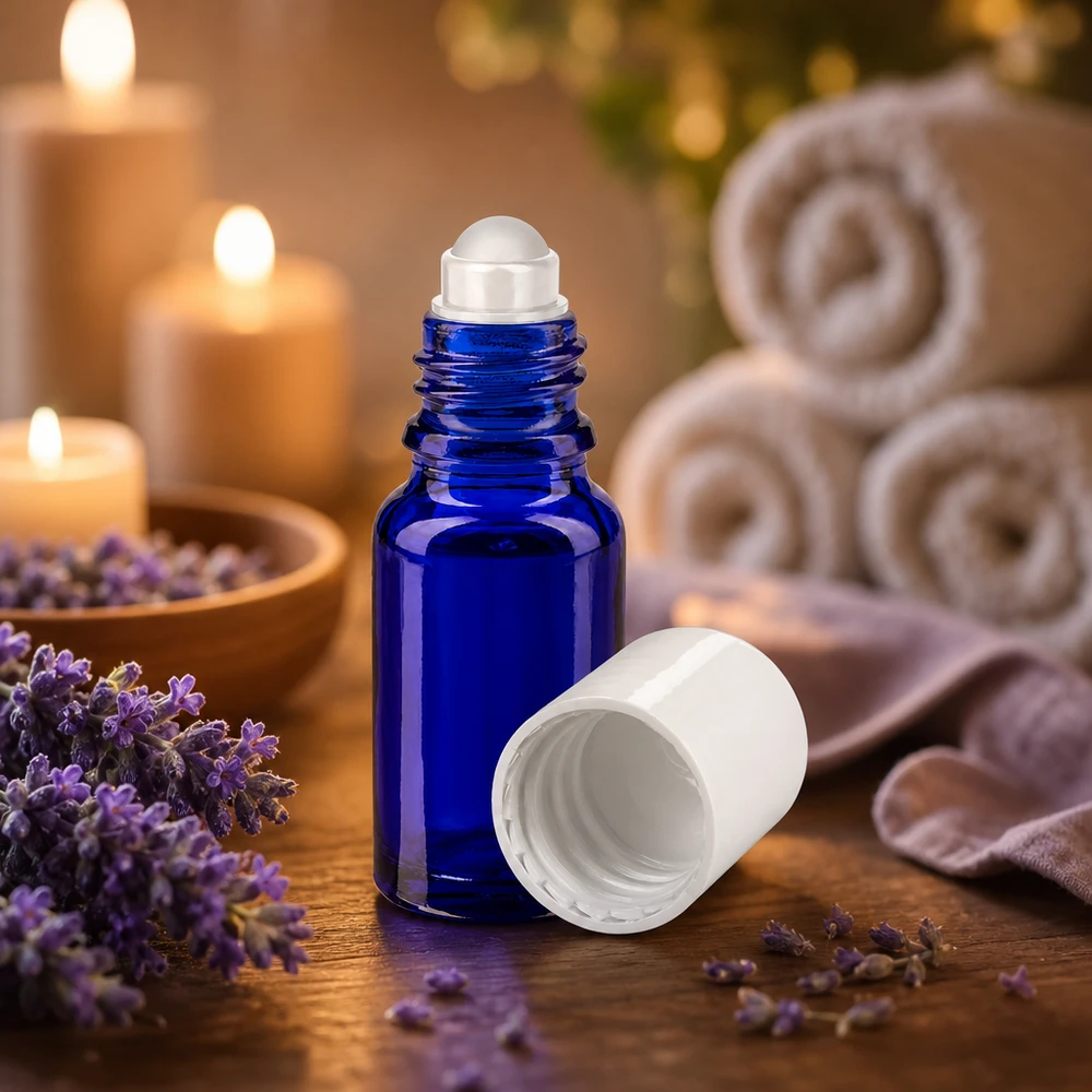 Apoteksflaske blå 10 ml roll-on-hætte hvid Koboltblå 10 ml roll-on-flaske med rulleapplikator mellem lavendelblomster og stearinlys