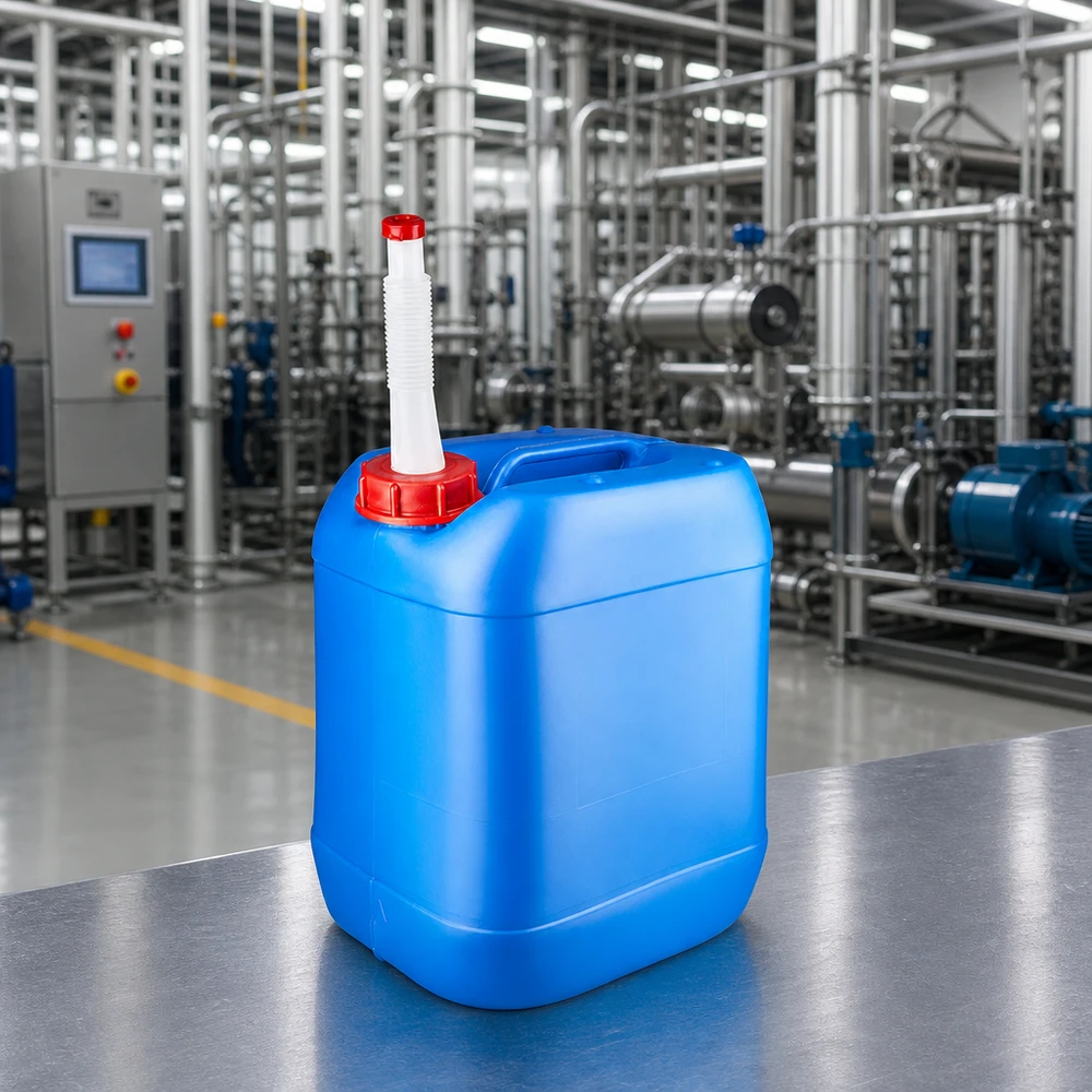20 liters blå dunk med fleksibelt udløbsrør Blå 20-liters industrikanister med fleksibelt udløbsrør fremstillet i et moderne produktionsanlæg