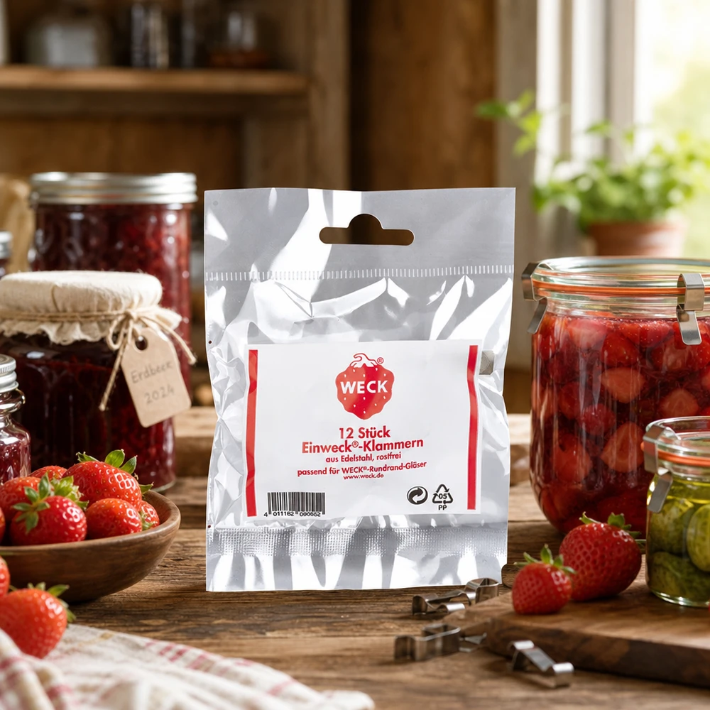 Klemmer Original WECK (Pakke(r) med 12 stk.)Bemærk: 12 stk. pr. pose WECK klemmer emballage i rustikt køkken med syltetøjsglas jordbær og marmelade Applikationseksempel