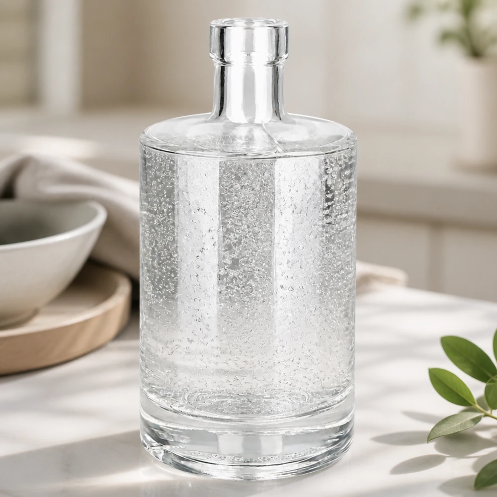 500 ml glasflaske »Marie« uden låg UNiTWIST® 500 ml glasflaske Marie fyldt med vand viser UNiTWIST-flaskens gennemsigtighed og kvalitet i et køkkenmiljø