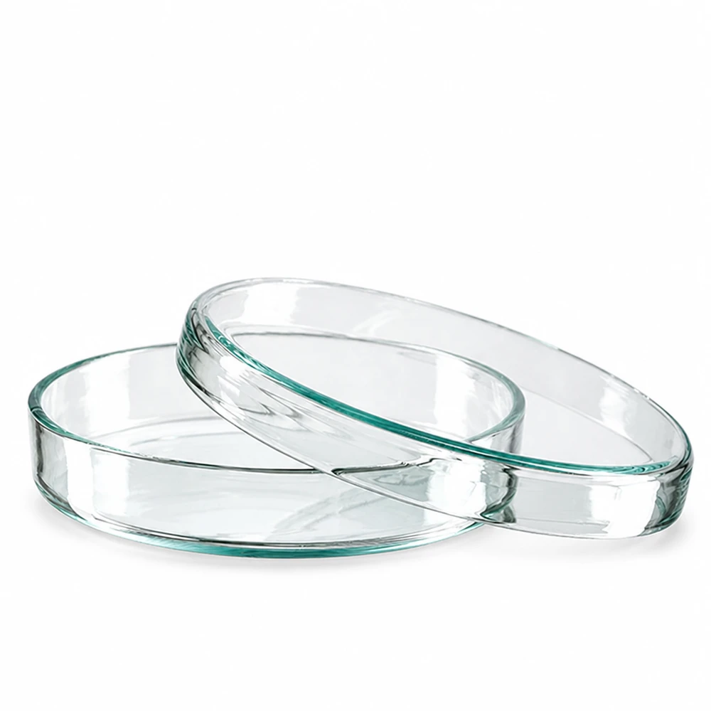 Petriskål 80x15mm glas To runde petriskåle af glas, 80 x 15 mm, stablet oven på hinanden på en hvid baggrund
