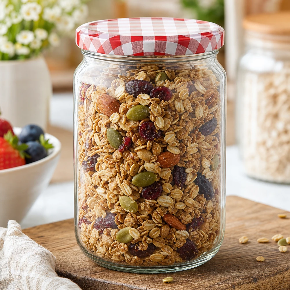 795 ml rund krukke med BasicSeal-låg rød/hvid UNiTWIST 795 ml rund krukke med BasicSeal-låg fyldt med müsli og tørret frugt, ideel til opbevaring af mad i køkkenet