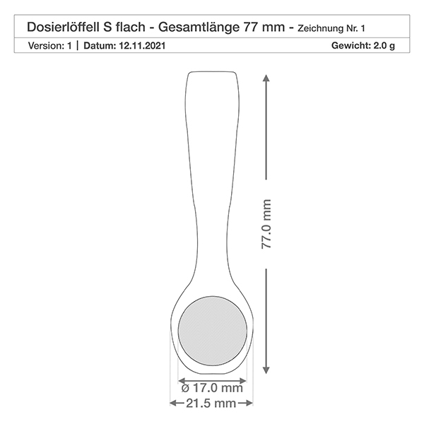 Træspade størrelse S skeform 7,7 cm lang Detaljeret måltegning lille træskovl 77 mm længde 21,5 mm bredde 17 mm skovldiameter teknisk specifikation