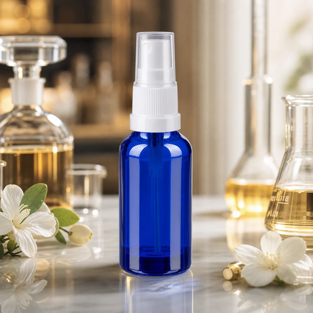 30 ml sprayflaske hvid/tr. STD BlueLine UT18/30 30 ml blå sprayflaske med gennemsigtigt sprayhoved til kosmetik og hudpleje