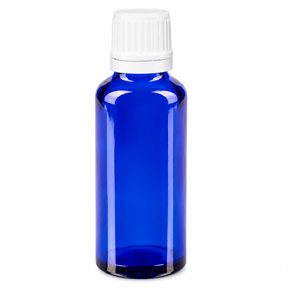 30 ml blå apotekerflaske af glas med hvid originalprop og 0,7 mm dråbeindsats