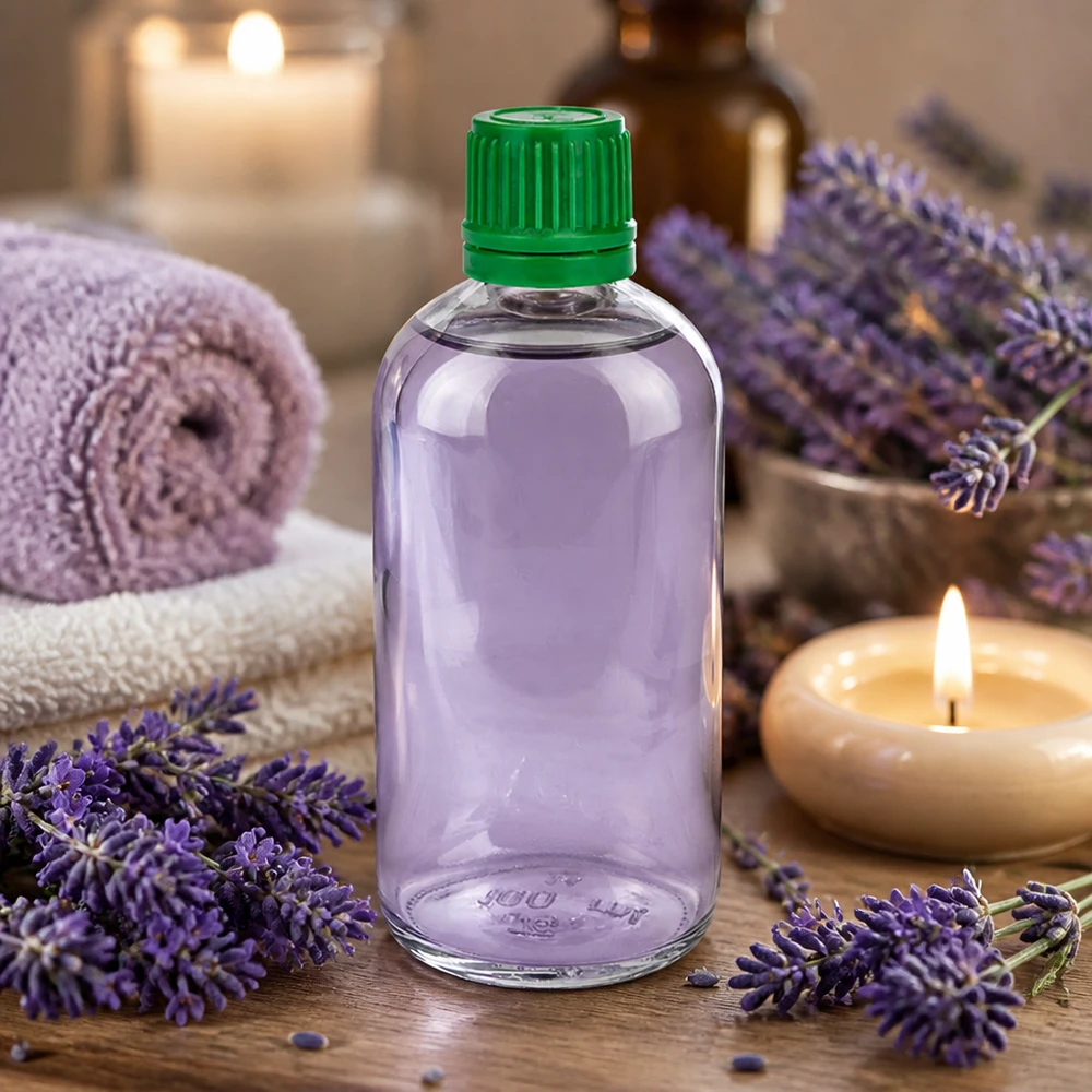 100 ml flaske 11 mm SV grøn OV ClearLine UT18/100 Lavendel-aromaterapiolie i 100 ml klar glasflaske ClearLine UT18 med grøn børnesikret låg