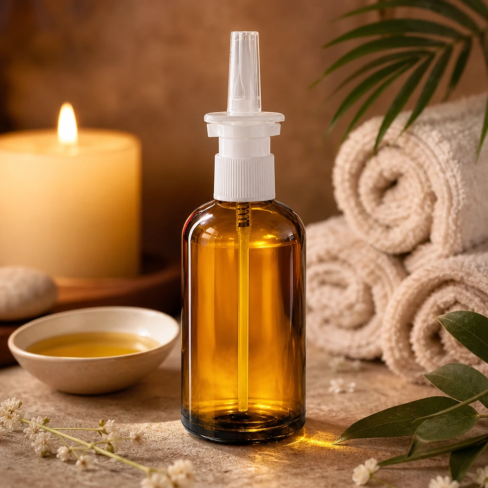 100 ml næsesprayflaske m./tr. STD BrownLine UT18/100 100 ml glasflaske af høj kvalitet i brun til farmaceutiske næsesprays med pumpetilslutning