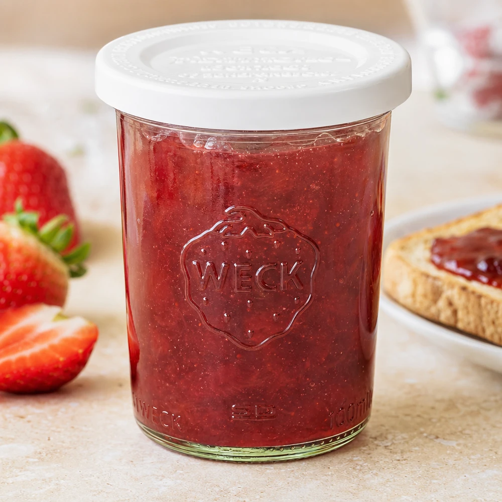 160 ml krukke med friskhedslåg WECK RR60 WECK syltetøjsglas 160 ml med jordbærmarmelade og hvidt friskhedslåg, ved siden af friske jordbær og brød med marmelade