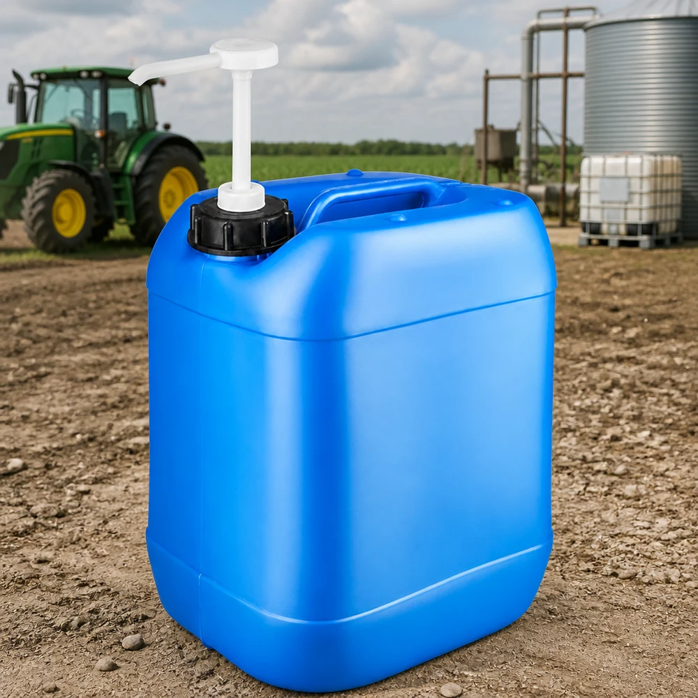 20 liters blå dunk med doseringspumpe Robust 20-liters dunk i blå farve med doseringspumpe på en mark foran en John Deere-traktor