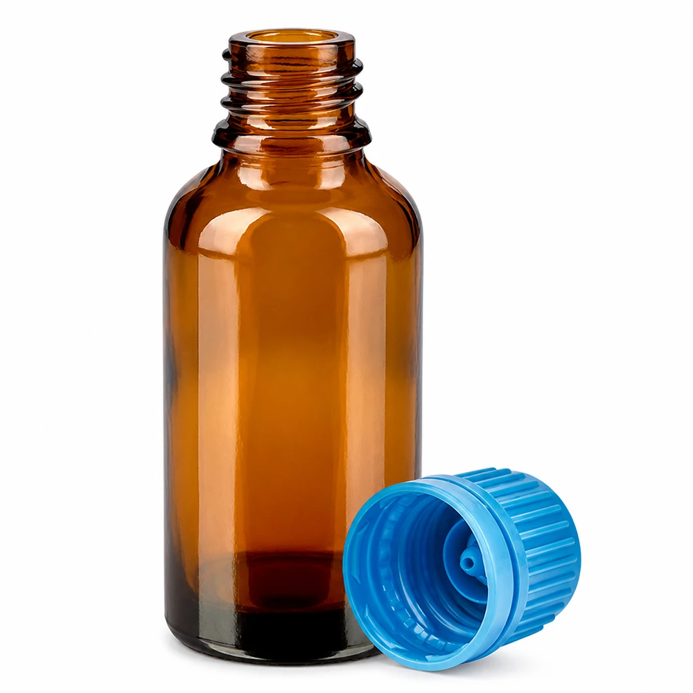 30 ml flaske 11 mm SV blå OV BrownLine UT18/30 30 ml apoteksflaske af ravfarvet glas med blå hætte til sikker opbevaring