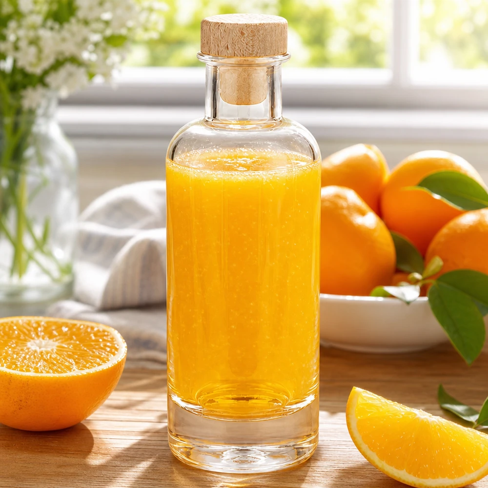 200 ml glasflaske »Ella« med træhåndtag og prop UNiTWIST® 200 ml glasflaske Ella med træprop fyldt med appelsinjuice ved siden af appelsinskiver på et træbræt