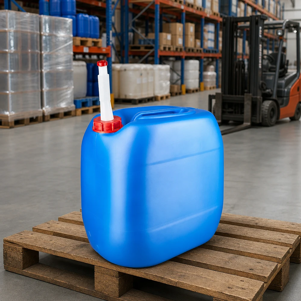 30 liters blå dunk med fleksibelt udløbsrør Blå opbevaringsdunk på 30 liter med rødt låg og udløbsrør på en træpalle i et industrilager