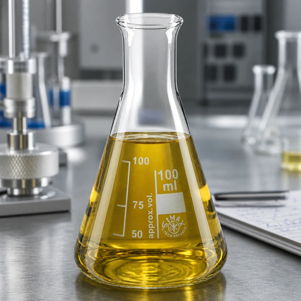Erlenmeyer-kolbe 100 ml med smal hals Erlenmeyer-kolbe 100 ml med smal hals og gul testvæske til professionelle laboratorieanalyser