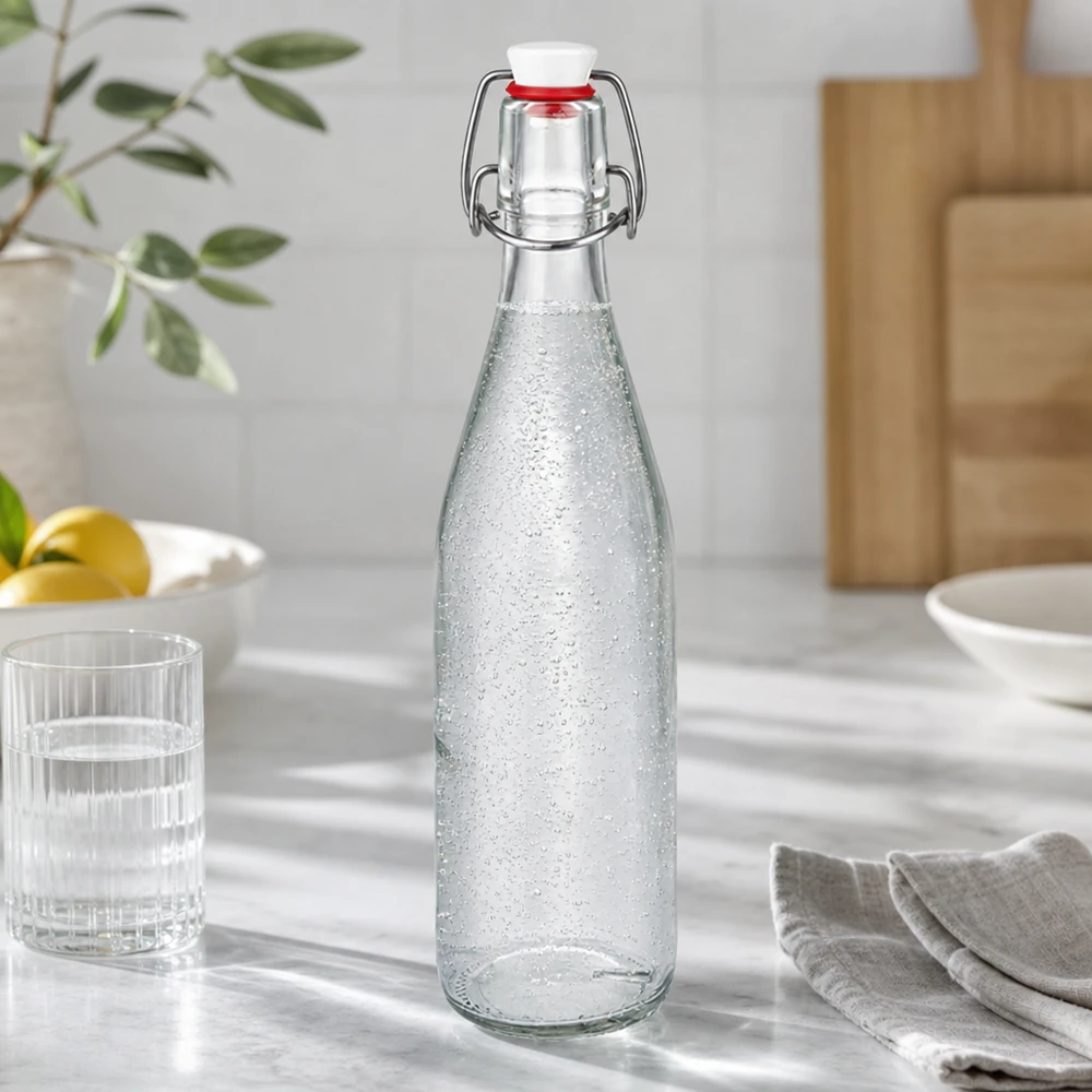 500 ml glasflaske og hængelåg porcelæn UNiTWIST 500 ml glasflaske med svingtop fyldt med danskvand i moderne køkken ved siden af glas og bestik