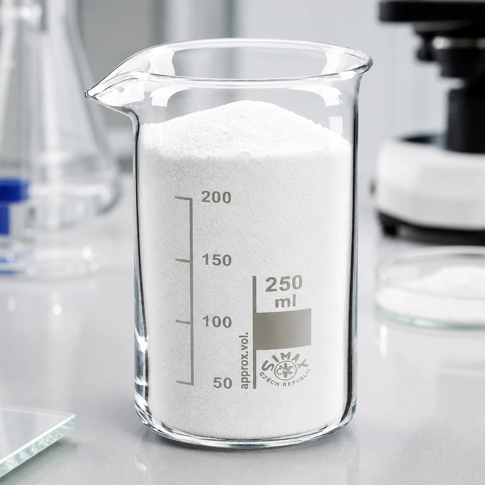 Bæger 250 ml borosilikatglas, høj form Et 250 ml begerglas med høj form, fyldt med hvidt pulver, på et lyst laboratoriebord med et mikroskop