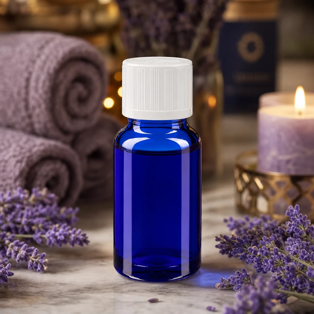Apoteksflaske blå 10ml dråbetæller hvid KiSi St Blå 10 ml glasflaske med hvid dråbeforsegling mellem lavendelblomster og et stearinlys
