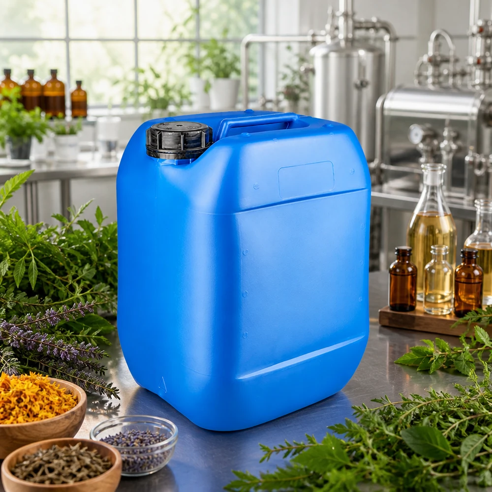 10 liters blå dunk med skruelåg OV Blå 10-liters dunk med OV-skruelåg omgivet af urter og æteriske olier i laboratoriet