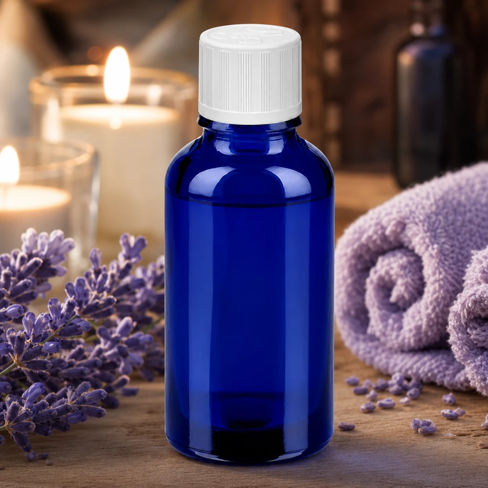 30 ml flaske 11 mm SV m. STD KiSi BlueLine UT18/30 Koboltblå 30 ml glasflaske med børnesikring til aromaterapi og wellness