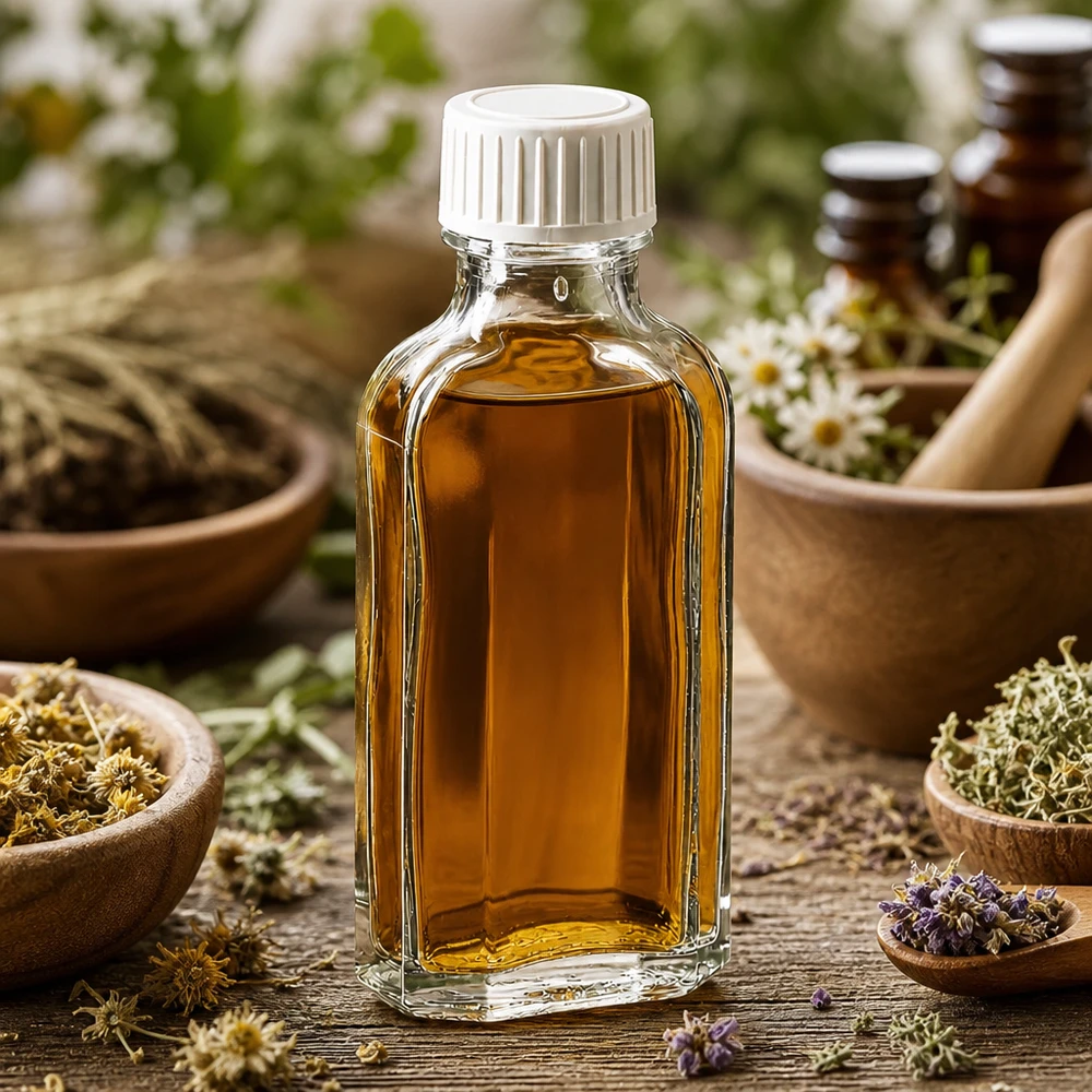 Meplat glasflaske, 50 ml, klar, med hvid skruelåg, mellem lægeurter og lavendel