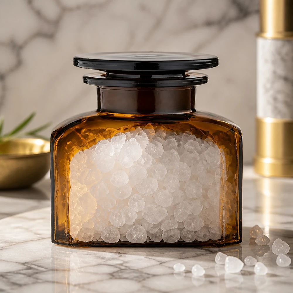 Idé til krydderiglas: Firkantet apotekerflaske 150 ml med bred hals Firkantet apotekerflaske, 150 ml, bred hals, fyldt med groft havsalt på marmor