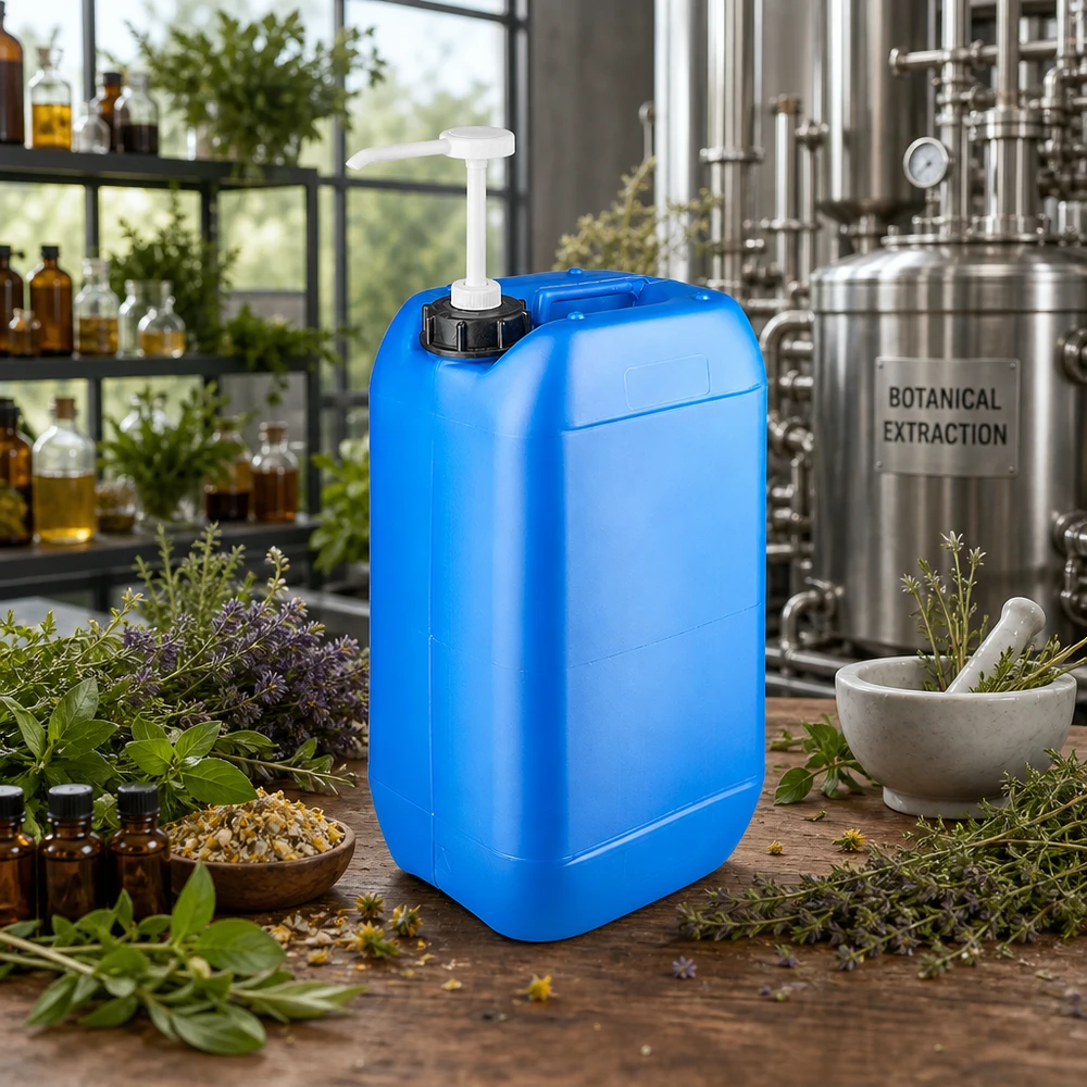 15 liters blå dunk med doseringspumpe Blå 15-liters dunk med doseringspumpe omgivet af friske urter og botaniske ekstrakter
