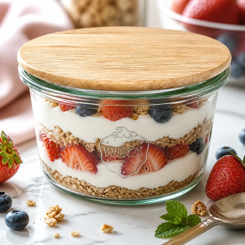 50 ml mini Briller WECK RR60 med trælåg WECK minitumblere 50 ml som dessertskål med lagdelt yoghurt-bær-dessert og bambuslåg på et hvidt marmorbord