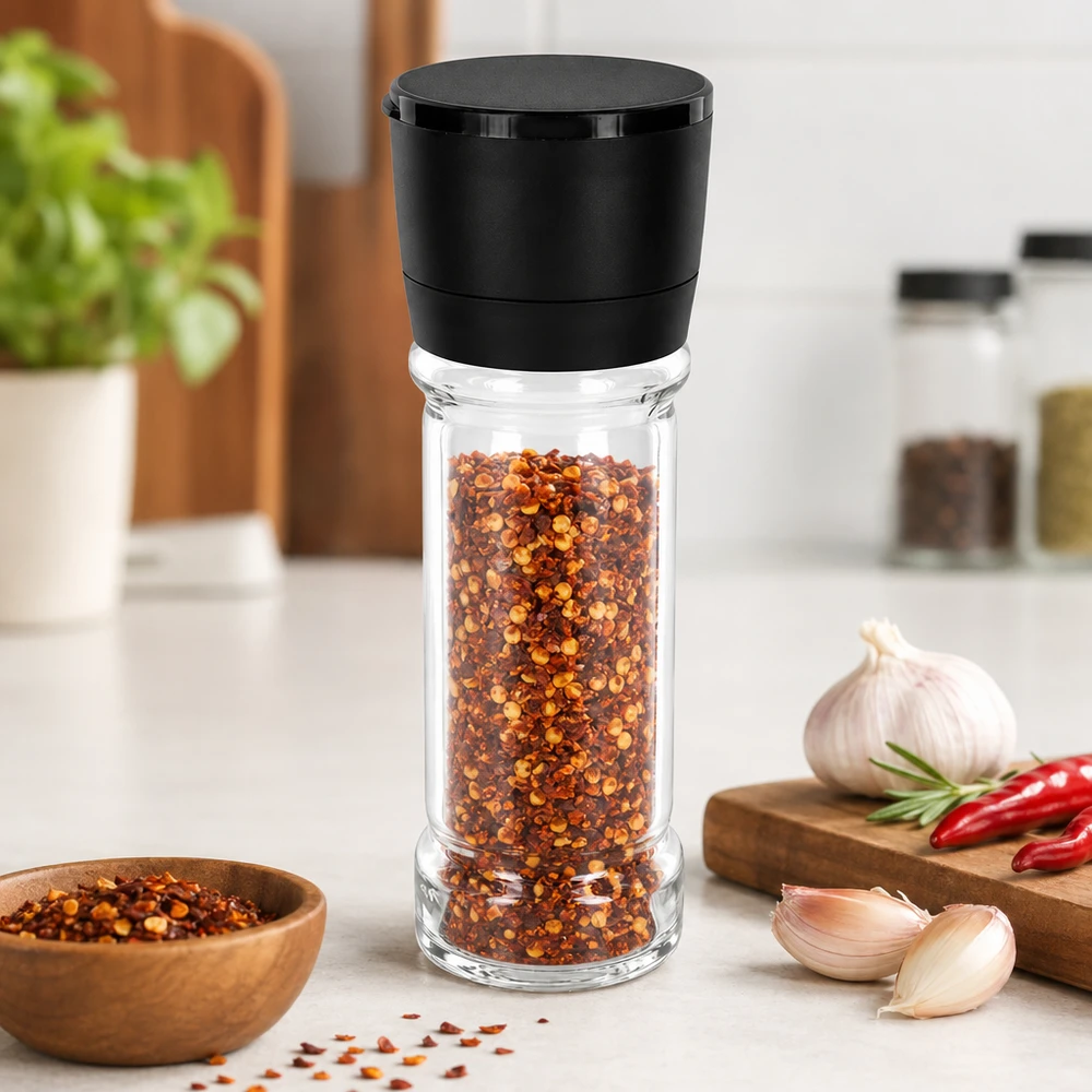 Salt-/krydderikrukke 100 ml med kværn, Vario, sort Gennemsigtigt krydderiglas på 100 ml med sort plastlåg og indbygget Vario-kværn