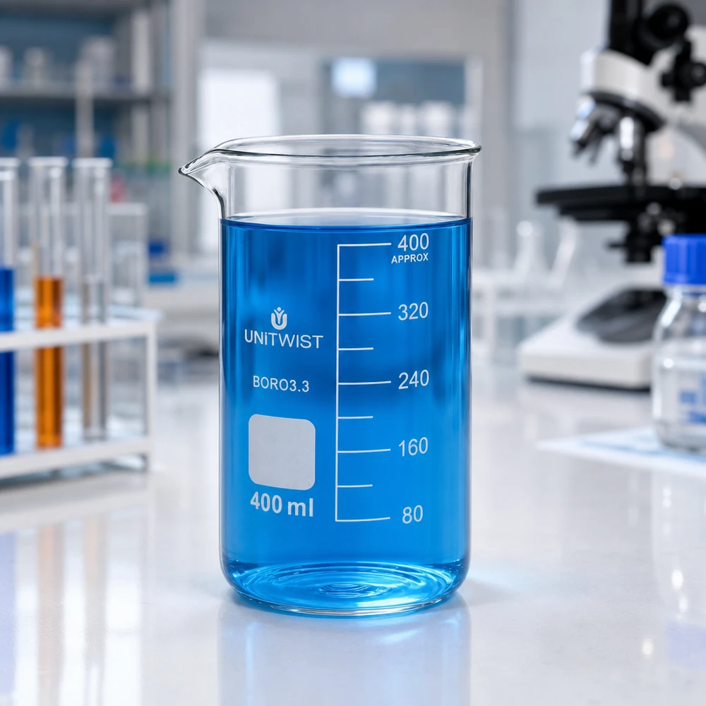 Bægerglas 400 ml borosilikat, høj form UNITWIST UNITWIST laboratoriebæger, 400 ml, højt borosilikatglas med blå væske på et hvidt laboratoriebord